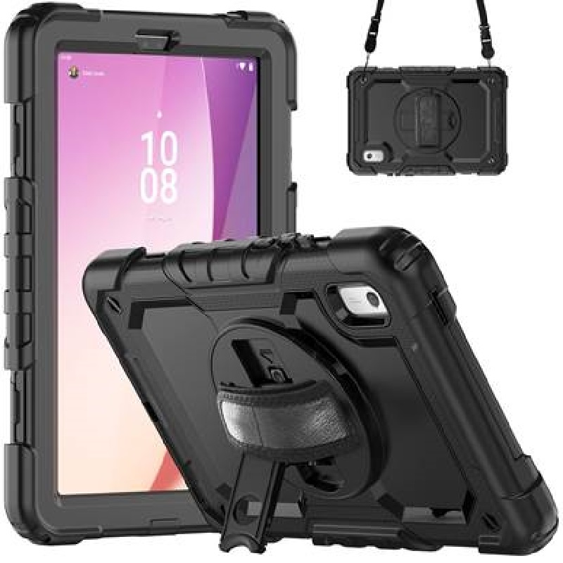 Generic Rugged Lenovo Tab M9 (9") Case + Screen Protector Black - Built-in-Kickstand, Adjustable Hand Strap, Shoulder Strap, Pen Holder HDTLM19